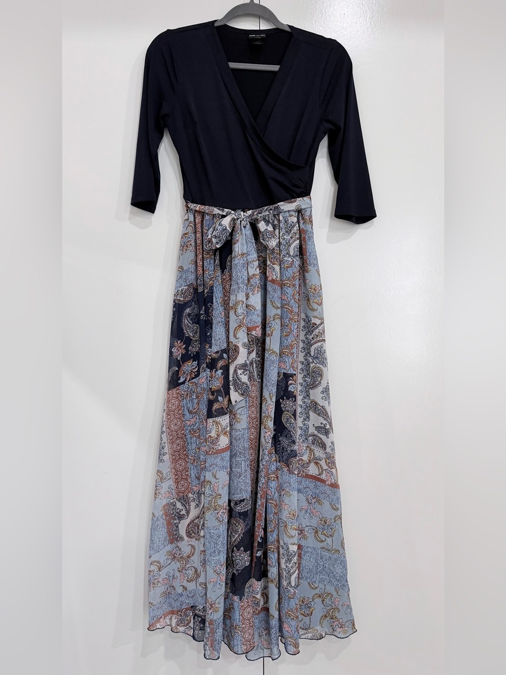 Wrap-Style Maxi Dress in Navy with Paisley Print Skirt